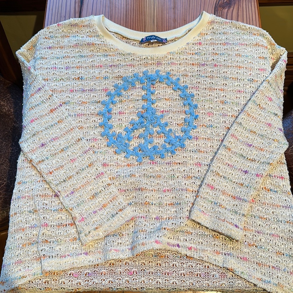 Knit multicolor cream peace sign sweater